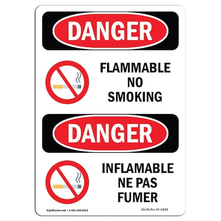 OSHA Danger Sign, Flammable No Smoking Bilingual, 5in X 3.5in Decal, 10PK